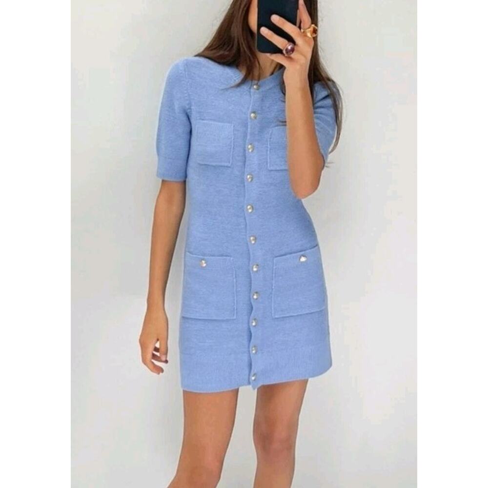 ZARA WOMAN CLASSIC Gold Button Mini Knit Lady Dress Blue Front Pockets Size XL